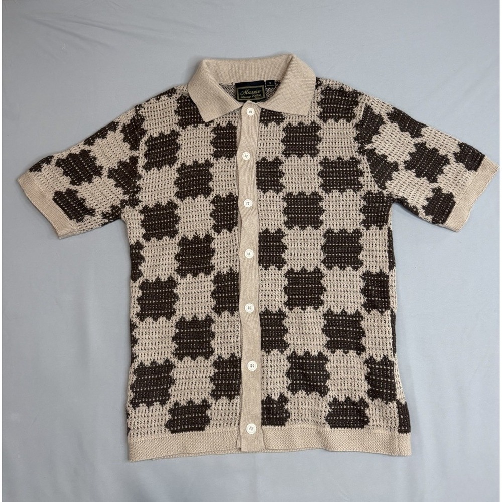 Massive Luxury Men's Crochet Button Down Checkered Size Small Short Sleeve Shirt